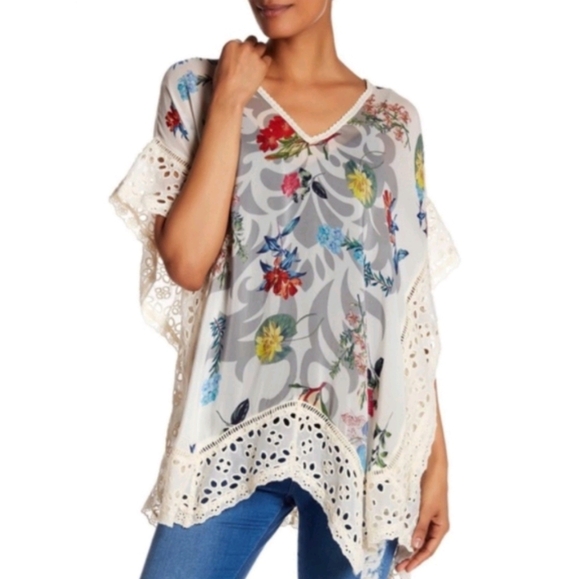 Johnny Was Le Beau Floral-print Georgette Poncho Blouse Sz Xl - Picture 1 of 12